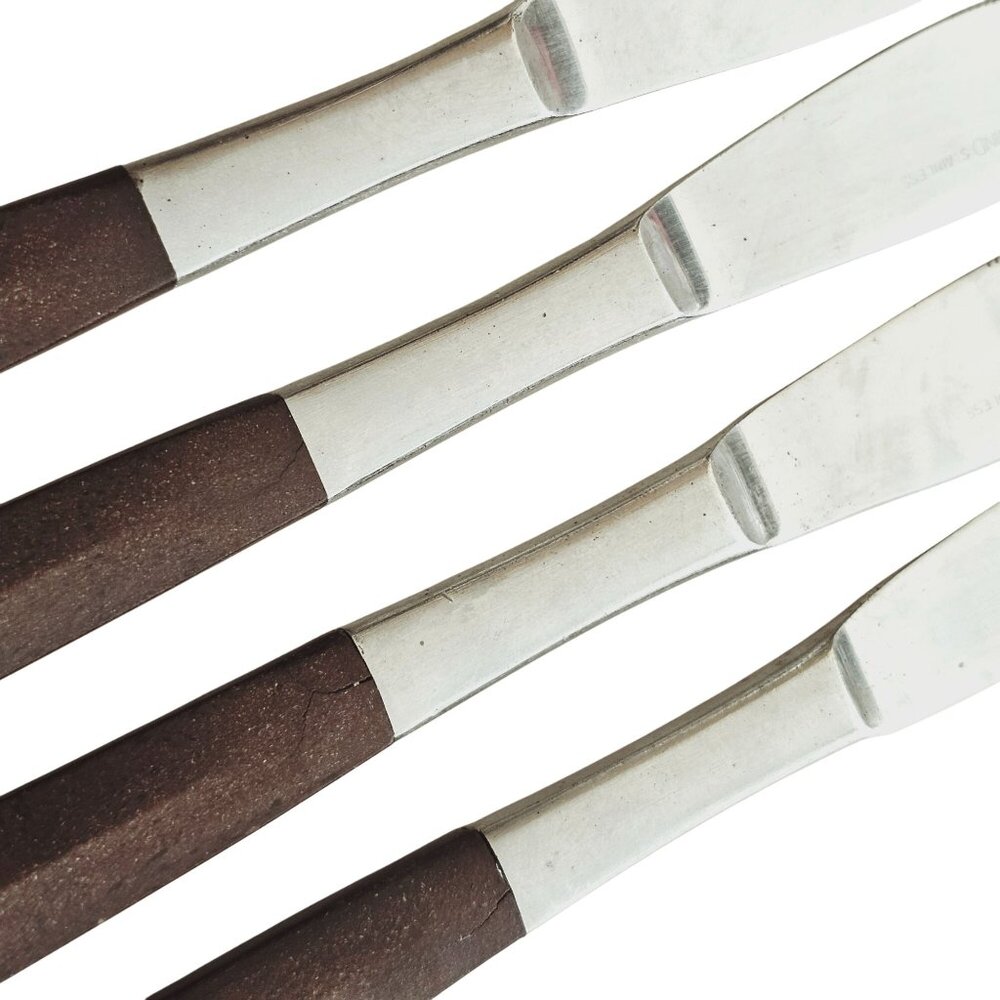 4 Woodwind Dinner Knife 8" wood-like handle vtg midcentury boho minimalist mixed - Picture 5 of 9